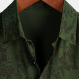 Button-Up Short Sleeve Shirt, Dark Green Floral Print, Vintage Hawaiian, Soft, Beach Vacation