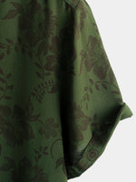 Button-Up Short Sleeve Shirt, Dark Green Floral Print, Vintage Hawaiian, Soft, Beach Vacation