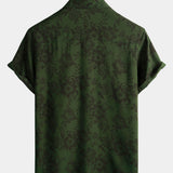 Button-Up Short Sleeve Shirt, Dark Green Floral Print, Vintage Hawaiian, Soft, Beach Vacation