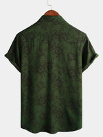 Button-Up Short Sleeve Shirt, Dark Green Floral Print, Vintage Hawaiian, Soft, Beach Vacation