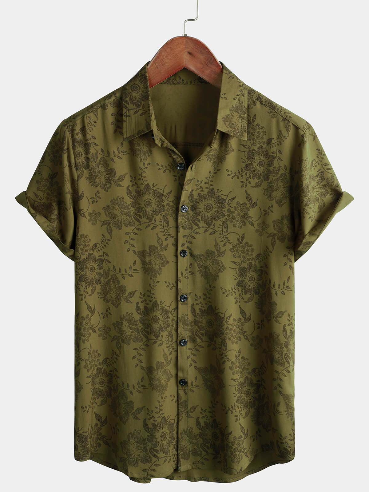 Vintage Green Floral Button-Up Short Sleeve Summer Shirt
