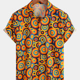 Retro Orange Button-Up Shirt, 1970s Vintage Geometric Circle Print