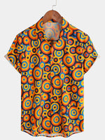 Retro Orange Button-Up Shirt, 1970s Vintage Geometric Circle Print