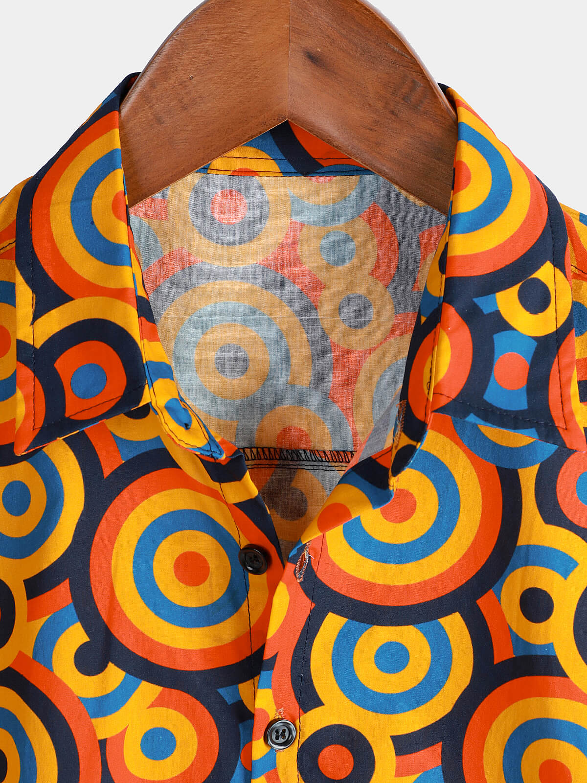 Retro Orange Button-Up Shirt, 1970s Vintage Geometric Circle Print