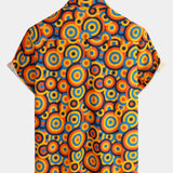 Retro Orange Button-Up Shirt, 1970s Vintage Geometric Circle Print