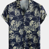 Button-Up Short Sleeve Shirt with Vintage Rose Rock Skull Print