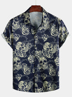 Button-Up Short Sleeve Shirt with Vintage Rose Rock Skull Print