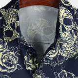 Button-Up Short Sleeve Shirt with Vintage Rose Rock Skull Print