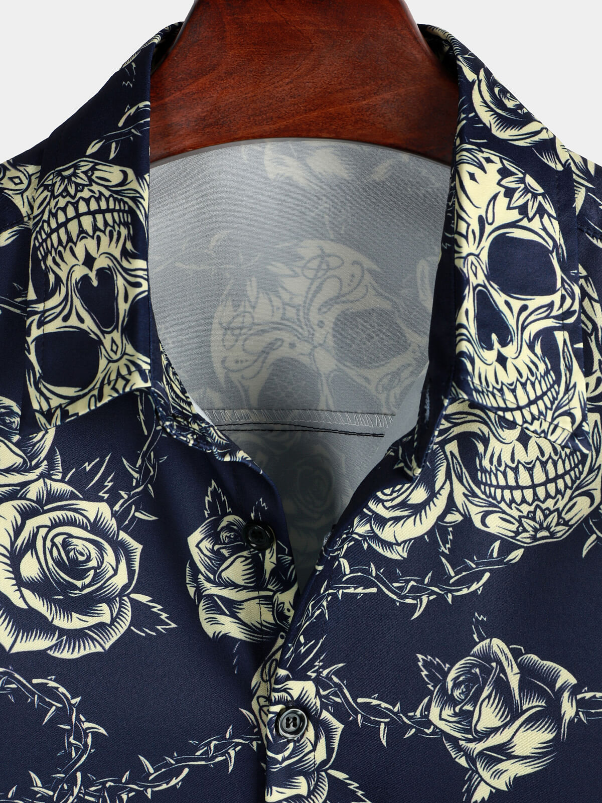 Button-Up Short Sleeve Shirt with Vintage Rose Rock Skull Print