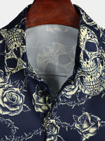 Button-Up Short Sleeve Shirt with Vintage Rose Rock Skull Print