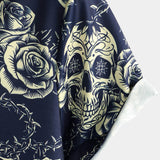 Button-Up Short Sleeve Shirt with Vintage Rose Rock Skull Print