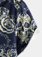 Button-Up Short Sleeve Shirt with Vintage Rose Rock Skull Print