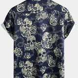 Button-Up Short Sleeve Shirt with Vintage Rose Rock Skull Print