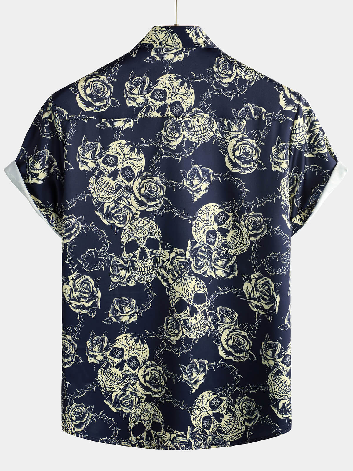 Button-Up Short Sleeve Shirt with Vintage Rose Rock Skull Print