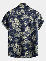 Button-Up Short Sleeve Shirt with Vintage Rose Rock Skull Print