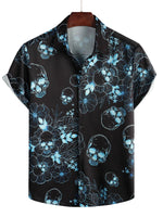 Men's Blue Casual Cotton Short-Sleeve Shirt with Floral Skull Buttons