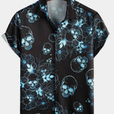 Casual Shirt, Short Sleeves, Blue Floral Skull Print, Cool Button