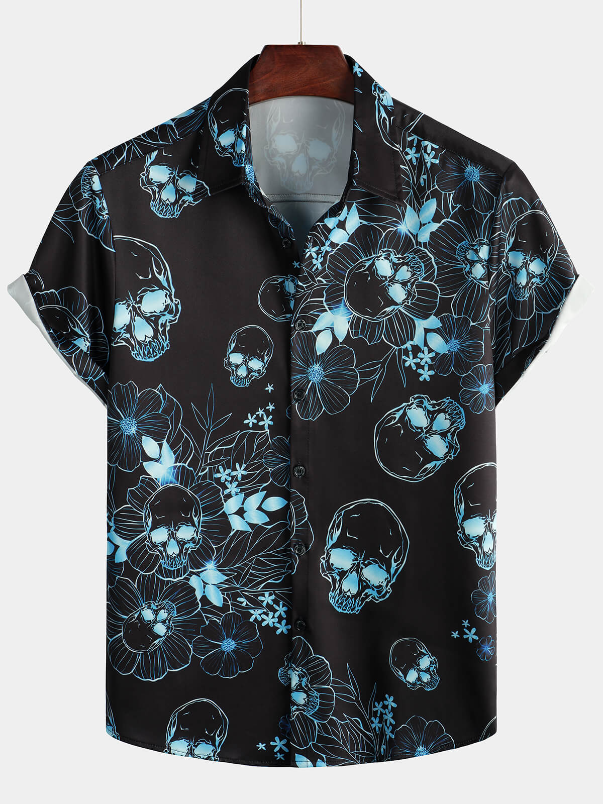 Casual Shirt, Short Sleeves, Blue Floral Skull Print, Cool Button