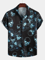 Casual Shirt, Short Sleeves, Blue Floral Skull Print, Cool Button