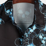 Casual Shirt, Short Sleeves, Blue Floral Skull Print, Cool Button