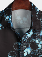 Casual Shirt, Short Sleeves, Blue Floral Skull Print, Cool Button