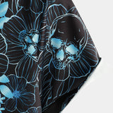 Casual Shirt, Short Sleeves, Blue Floral Skull Print, Cool Button