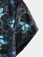 Casual Shirt, Short Sleeves, Blue Floral Skull Print, Cool Button