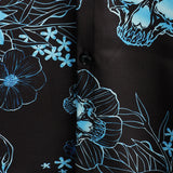 Casual Shirt, Short Sleeves, Blue Floral Skull Print, Cool Button