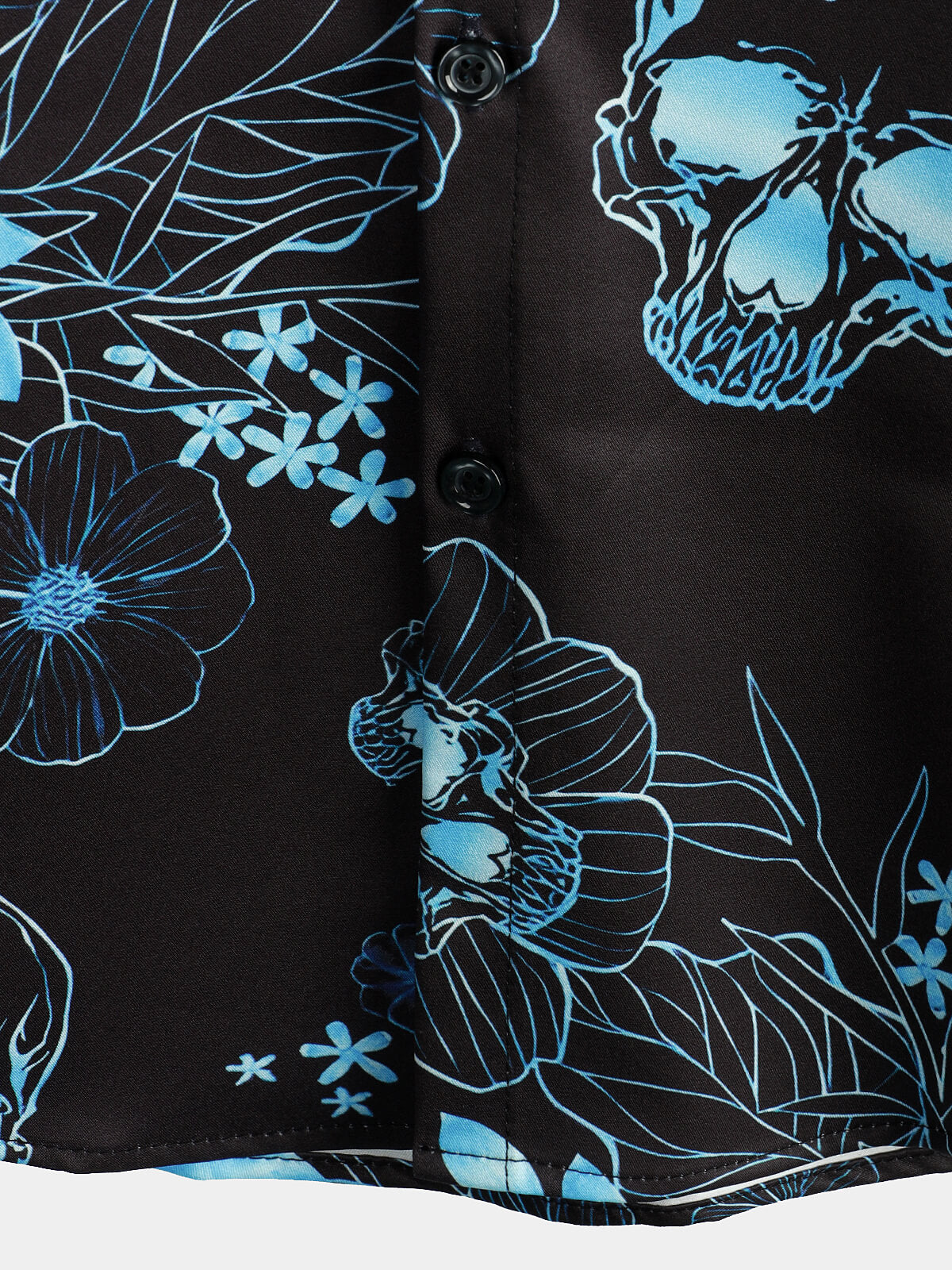 Casual Shirt, Short Sleeves, Blue Floral Skull Print, Cool Button
