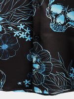 Casual Shirt, Short Sleeves, Blue Floral Skull Print, Cool Button