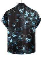 Men's Blue Casual Cotton Short-Sleeve Shirt with Floral Skull Buttons
