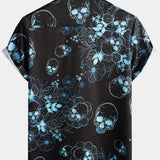 Casual Shirt, Short Sleeves, Blue Floral Skull Print, Cool Button