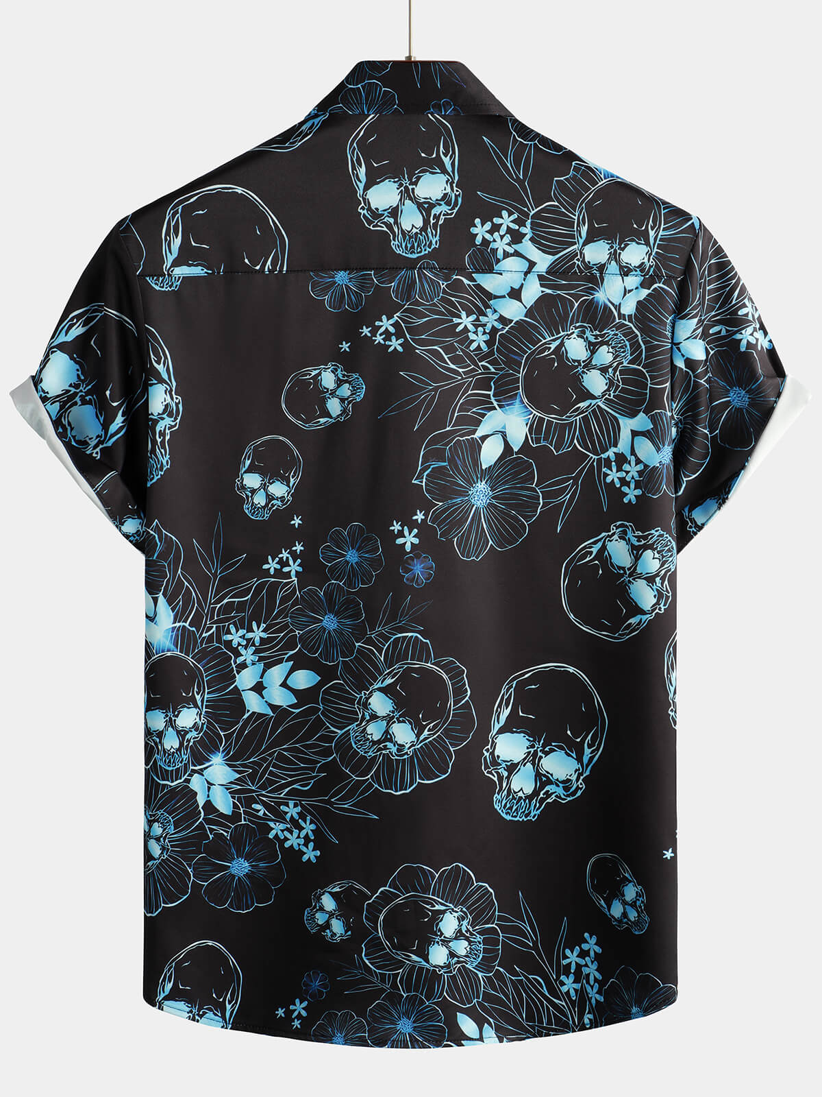 Casual Shirt, Short Sleeves, Blue Floral Skull Print, Cool Button