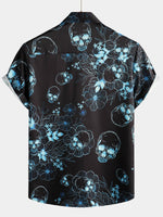 Casual Shirt, Short Sleeves, Blue Floral Skull Print, Cool Button