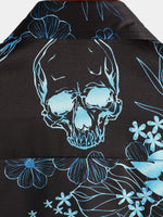 Casual Shirt, Short Sleeves, Blue Floral Skull Print, Cool Button