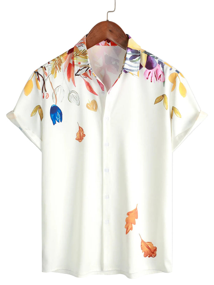 Men's Summer Cotton Shirt with Flowers, Short Sleeves, with Buttons, for Vacation