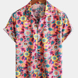 Pink Floral 100% Breathable Summer Short-Sleeve Button-Up Hawaiian Shirt