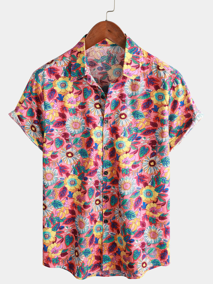 Pink Floral 100% Breathable Summer Short-Sleeve Button-Up Hawaiian Shirt