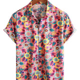 Men's Hawaiian Cotton Shirt in Pink Flowers with Short Sleeve for Summer