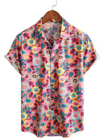 Men's Hawaiian Cotton Shirt in Pink Flowers with Short Sleeve for Summer