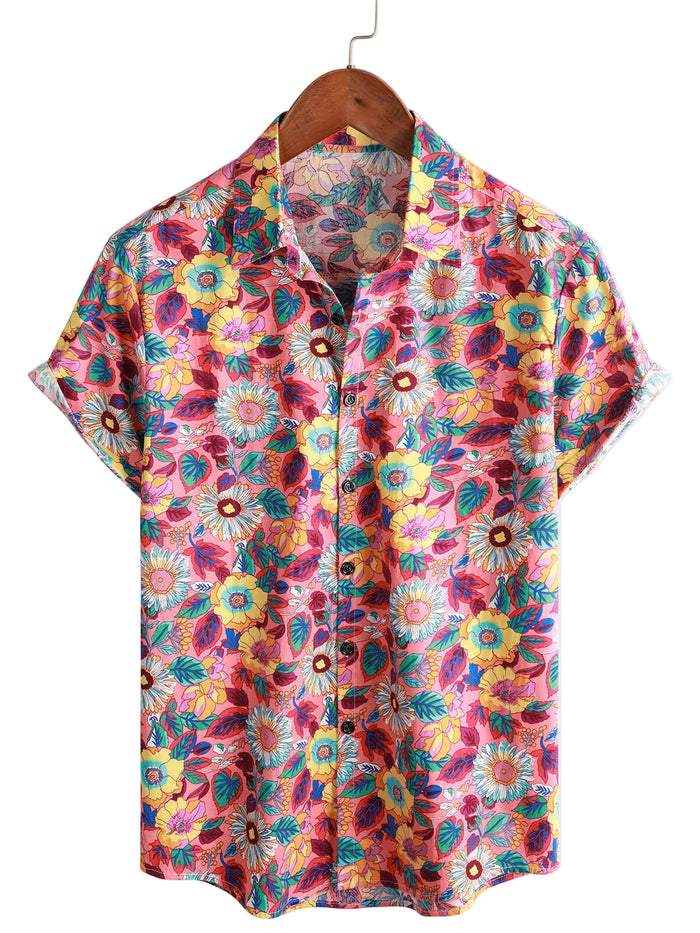 Men's Hawaiian Cotton Shirt in Pink Flowers with Short Sleeve for Summer