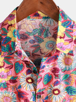 Pink Floral 100% Breathable Summer Short-Sleeve Button-Up Hawaiian Shirt