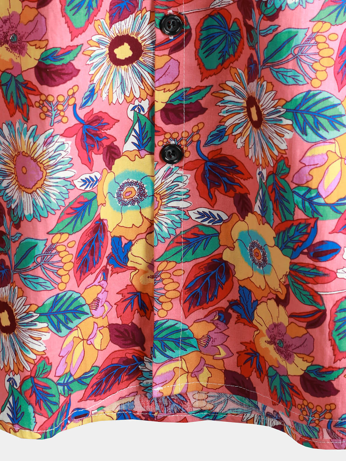 Pink Floral 100% Breathable Summer Short-Sleeve Button-Up Hawaiian Shirt