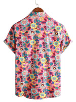 Men's Hawaiian Cotton Shirt in Pink Flowers with Short Sleeve for Summer