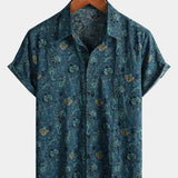 Short-Sleeve Paisley Vintage Floral Retro Button-Up Blue Summer Holiday Shirt
