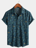Short-Sleeve Paisley Vintage Floral Retro Button-Up Blue Summer Holiday Shirt