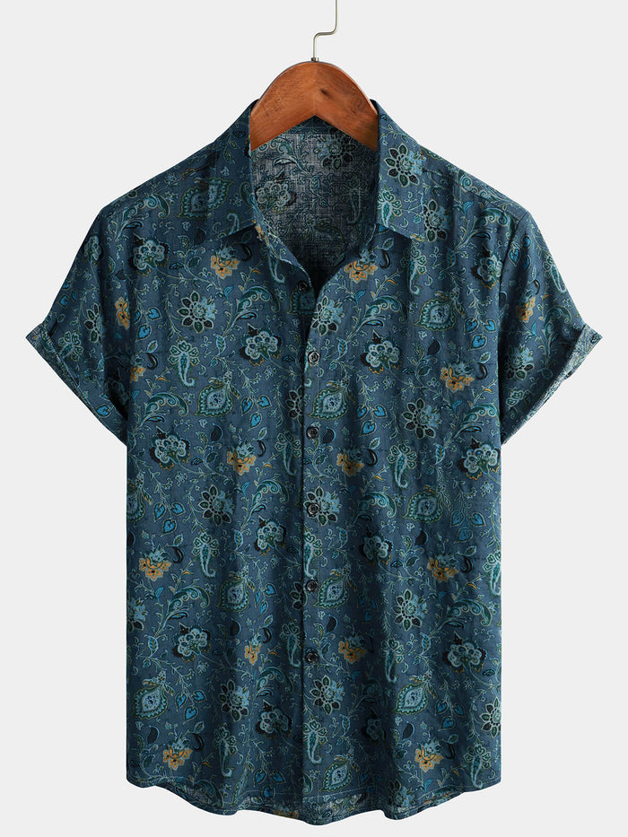 Short-Sleeve Paisley Vintage Floral Retro Button-Up Blue Summer Holiday Shirt