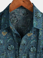 Short-Sleeve Paisley Vintage Floral Retro Button-Up Blue Summer Holiday Shirt