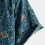 Short-Sleeve Paisley Vintage Floral Retro Button-Up Blue Summer Holiday Shirt