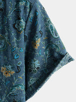 Short-Sleeve Paisley Vintage Floral Retro Button-Up Blue Summer Holiday Shirt